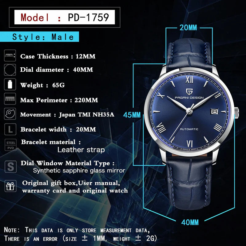 Pagani Design PD-1759 watch full specifications overview infographic NH35 automatic 40mm