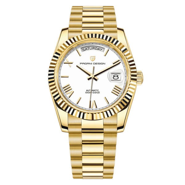 Pagani Design PD1783 gold white dial Presidential homage automatic watch with fluted bezel and jubilee style bracelet