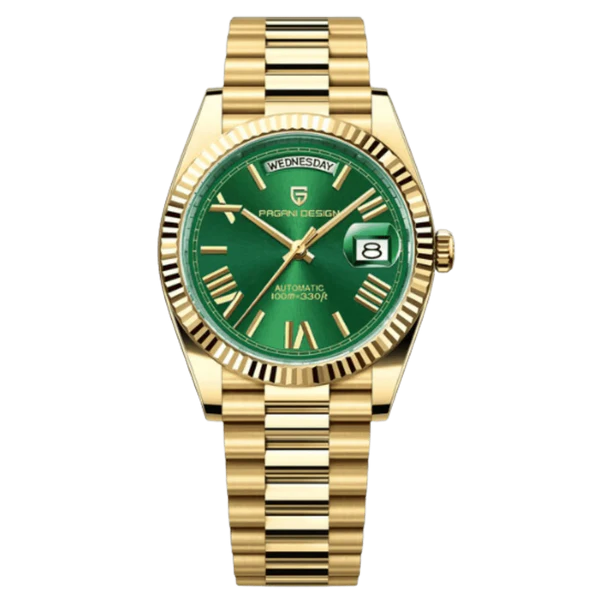 Pagani Design PD1783 gold green dial Presidential homage automatic watch with fluted bezel and jubilee style bracelet