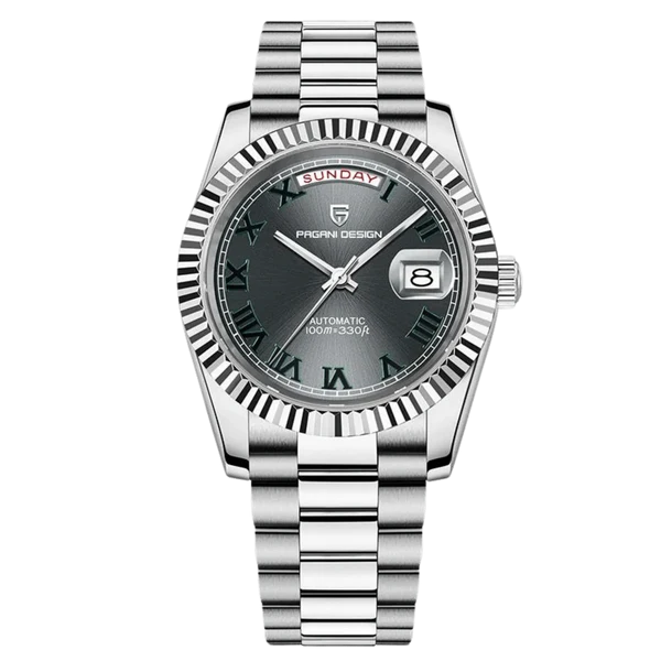 Pagani Design PD1783 grey dial Presidential homage automatic watch with fluted bezel and jubilee style bracelet