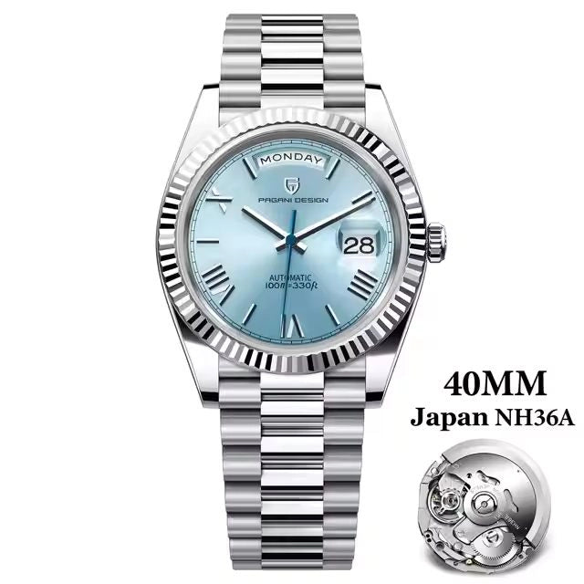 Pagani Design PD1783 Ice-Blue dial, Presidential homage automatic watch with fluted bezel and jubilee style bracelet