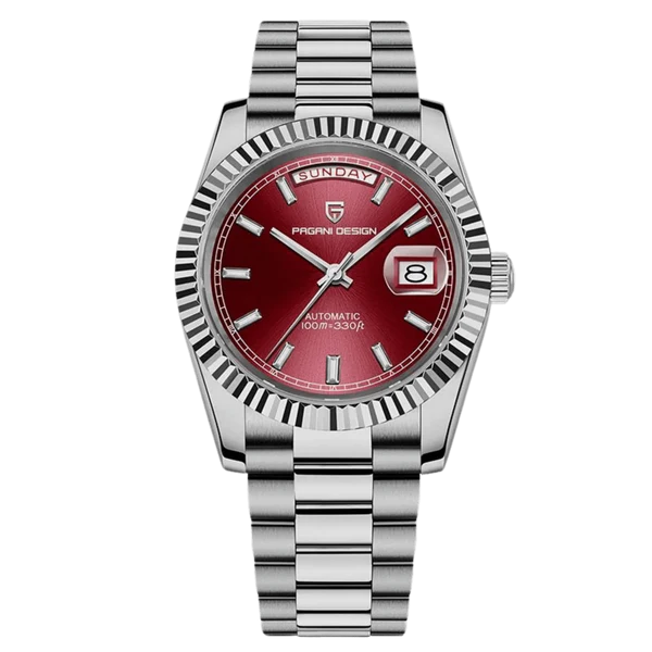 Pagani Design PD1783 silver maroon dial, Presidential style automatic watch with fluted bezel
