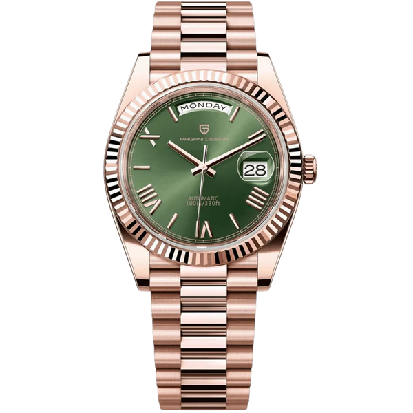 Pagani Design PD1783 rose gold green dial Presidential homage automatic watch with fluted bezel and jubilee style bracelet