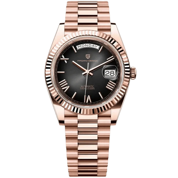 Pagani Design PD1783 rose gold black dial Presidential homage automatic watch with fluted bezel and jubilee style bracelet