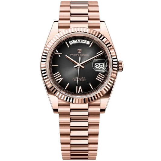 Pagani Design PD1783 rose gold black dial Presidential homage automatic watch with fluted bezel and jubilee style bracelet