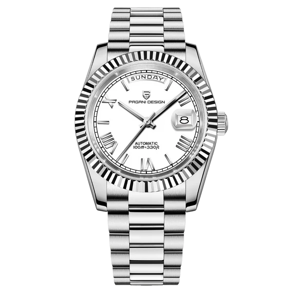 Pagani Design PD1783 silver white dial Presidential homage automatic watch with fluted bezel and jubilee style bracelet