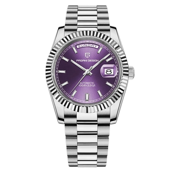 Pagani Design PD1783 Silver purpel dial Presidential homage automatic watch with fluted bezel and jubilee style bracelet