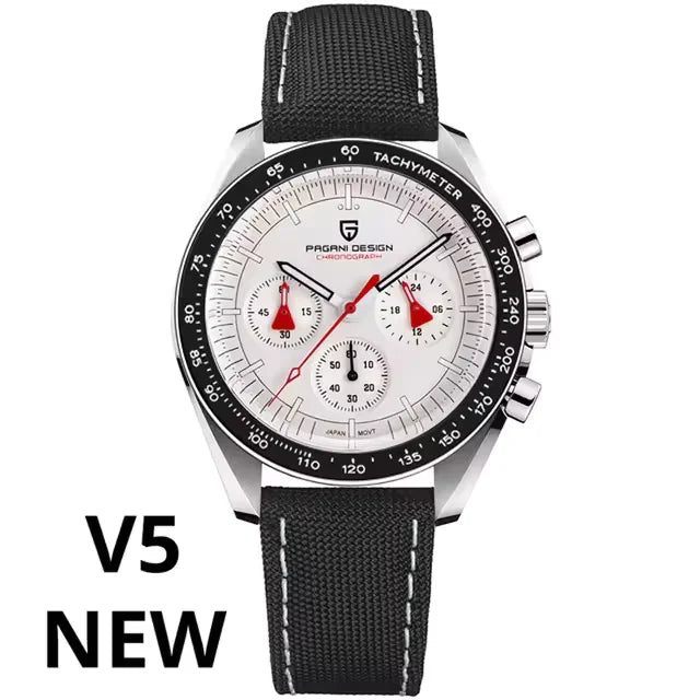 Pagani Design V5 chronograph watch with white dial, black fabric strap, and tachymeter bezel for men