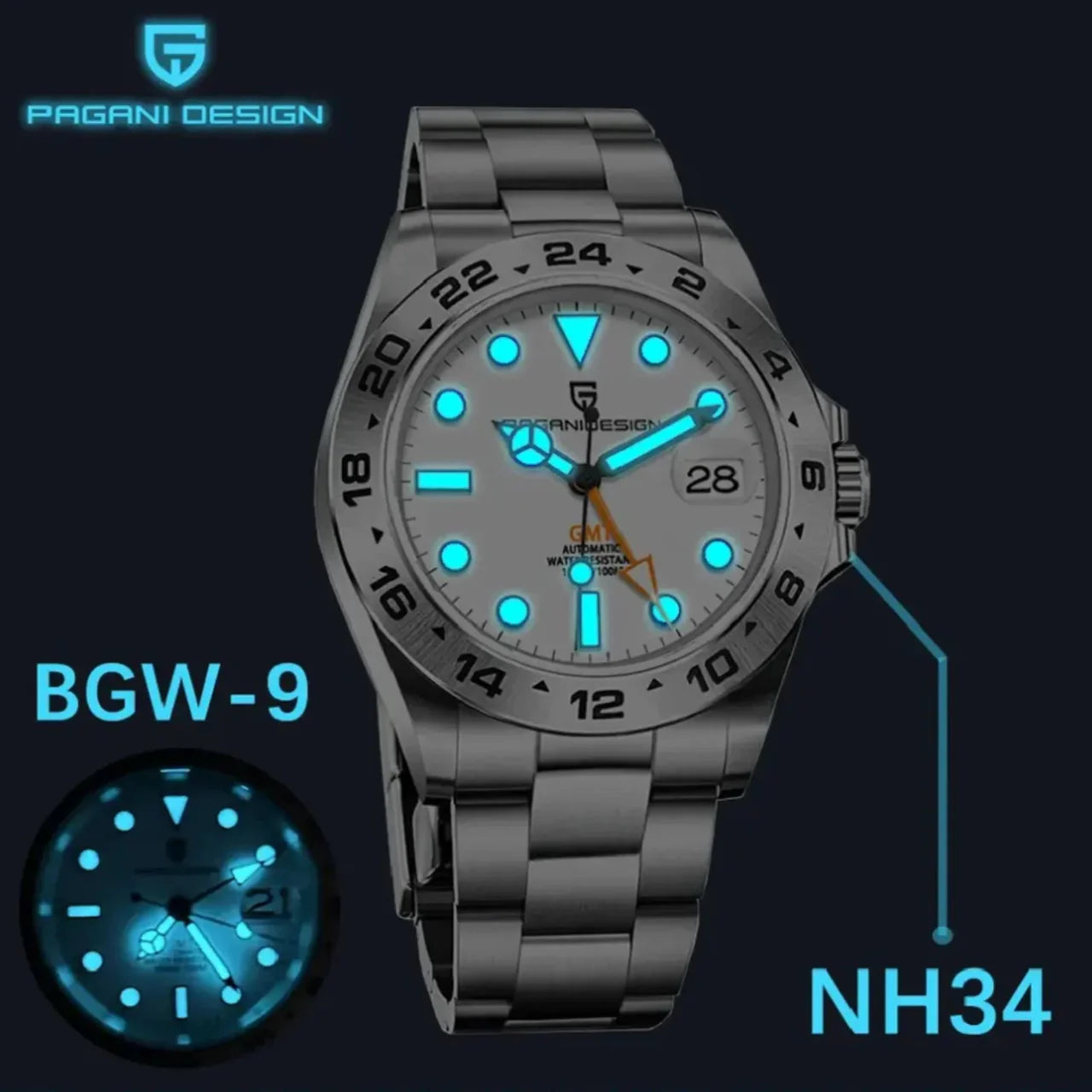 Pagani Design luminous blue glow night visibility GMT watch