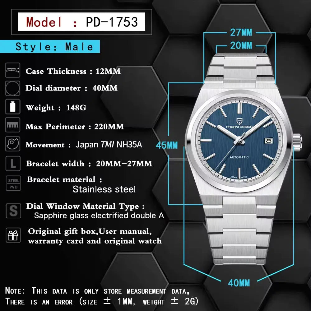 Pagani Design PD-1753 watch full specifications overview NH35 automatic