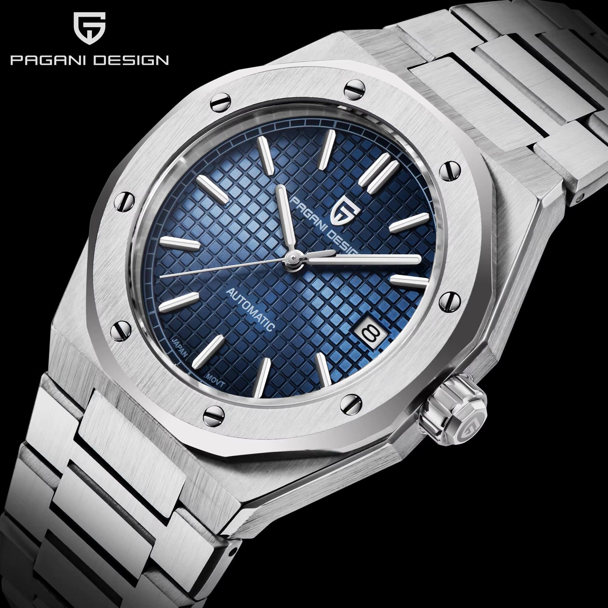 Side profile of Pagani Design PD-1673 luxury automatic men's watch showing sleek stainless steel case.