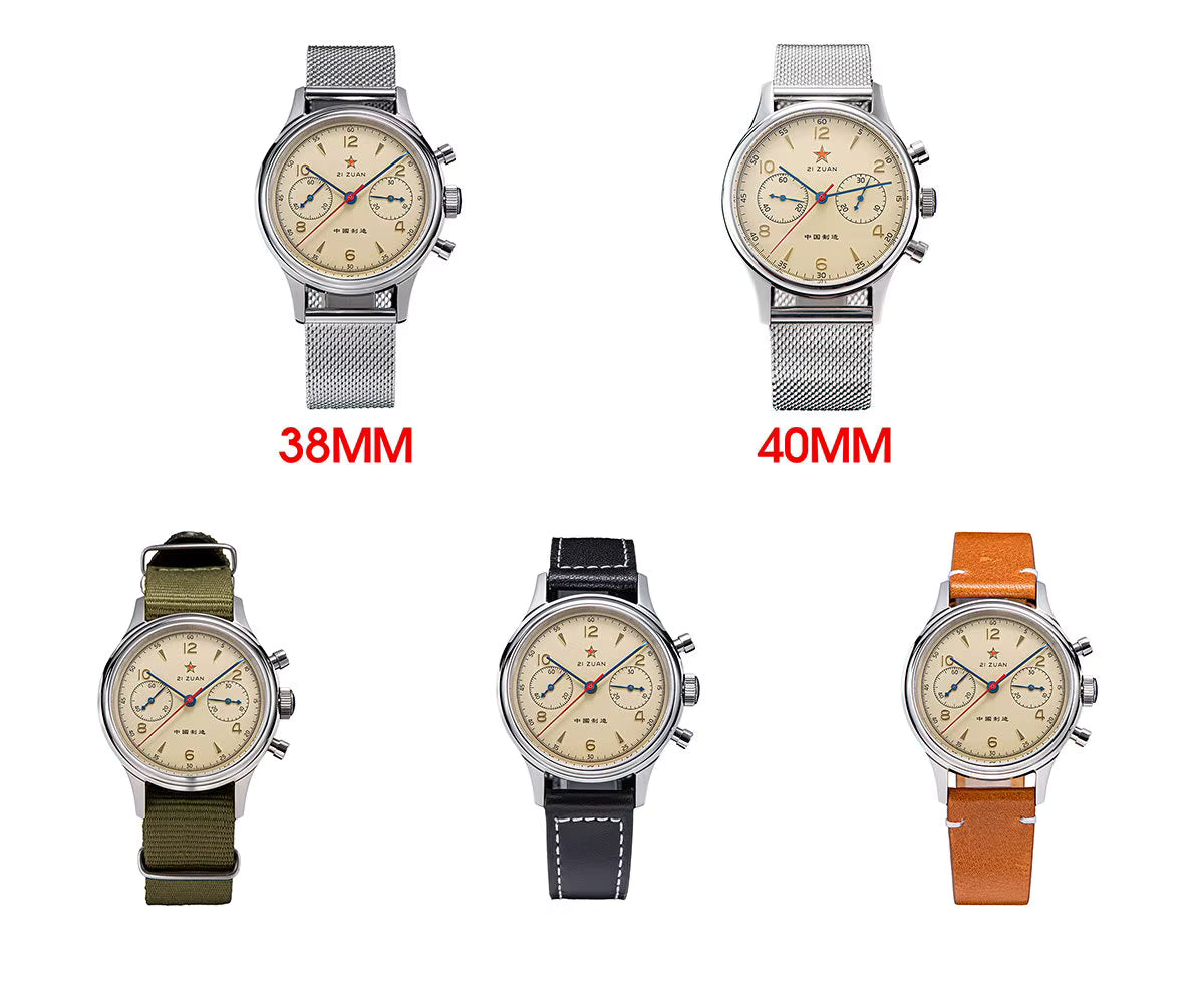 All Seagull 1963 watch variants in 38mm and 40mm with NATO and leather straps