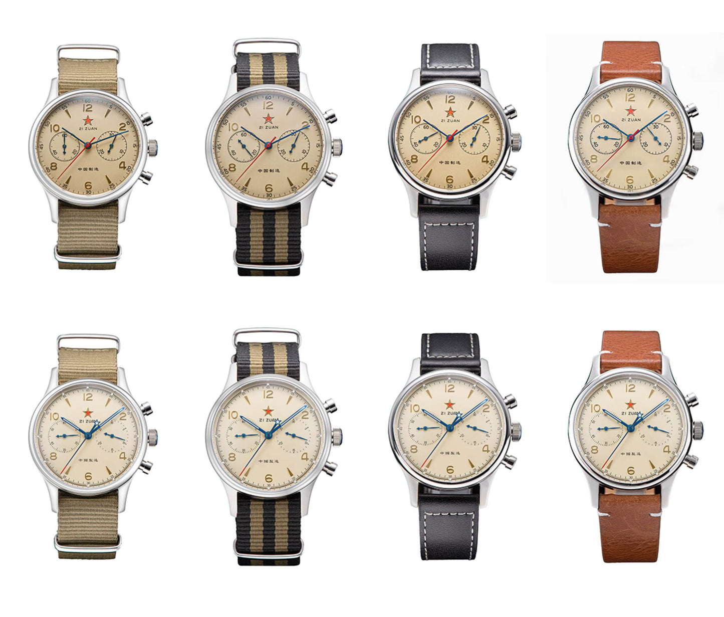All Seagull 1963 watch variants in 38mm and 40mm with NATO and leather straps