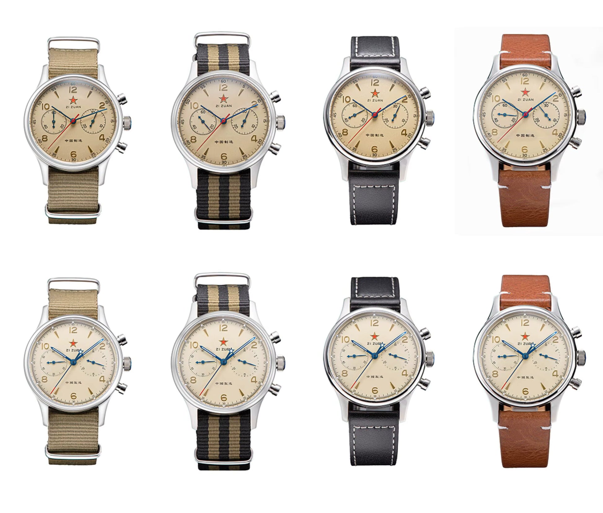 All Seagull 1963 watch variants in 38mm and 40mm with NATO and leather straps