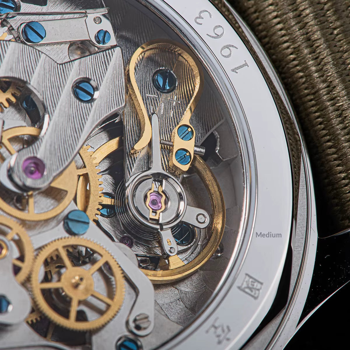 Seagull 1963 goose neck regulator exhibition caseback close up