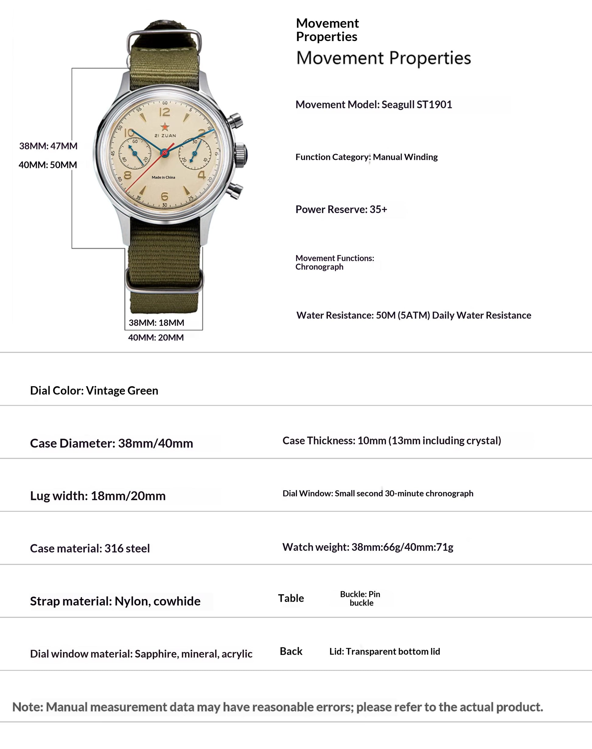 Seagull 1963 mechanical chronograph watch product specifications infographic with ST1901 movement, sapphire crystal, 316L stainless steel case, and 3ATM water resistance